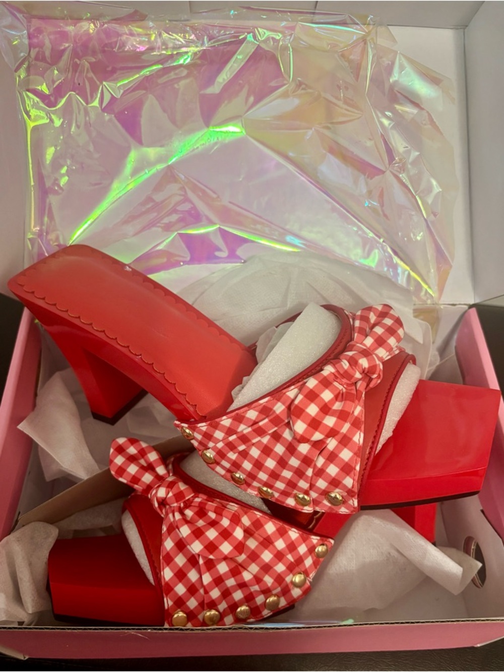 NIB Dolls Kill / Sugar Thrillz Red Bless Your Heart Heeled Sandals